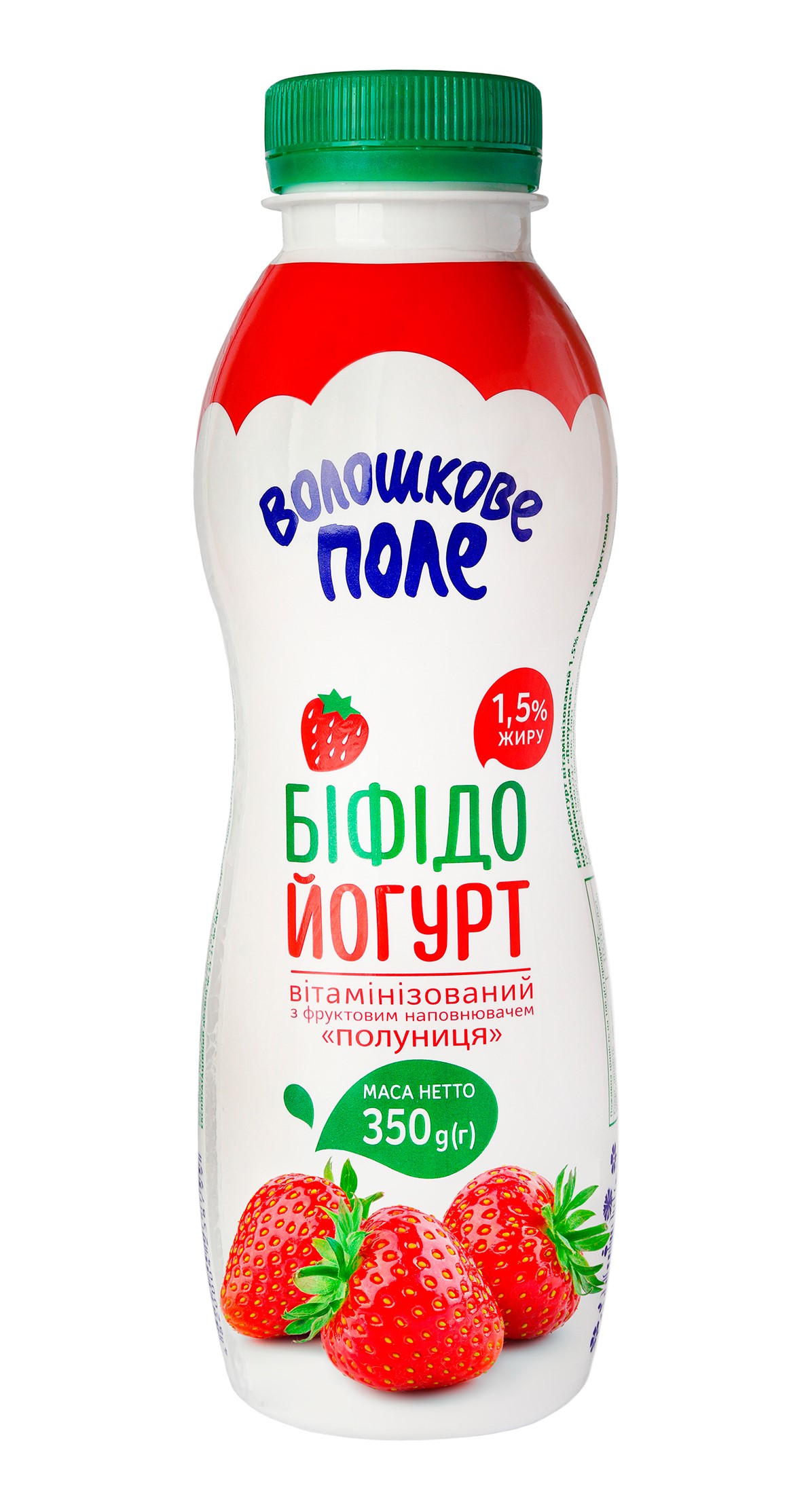 Біфідойогурт вітамінізований ВОЛОШКОВЕ ПОЛЕ Полуниця 1,5% 350 г ПЕТ пляшка